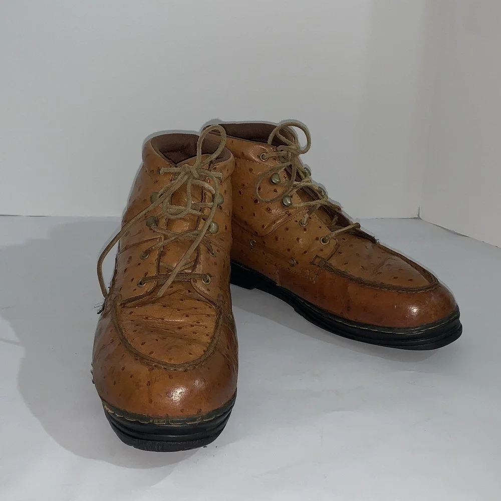 Justin Vintage Ankle Boots Mens 13M Brown Leather Ostrich Print Moc Toe Work 910